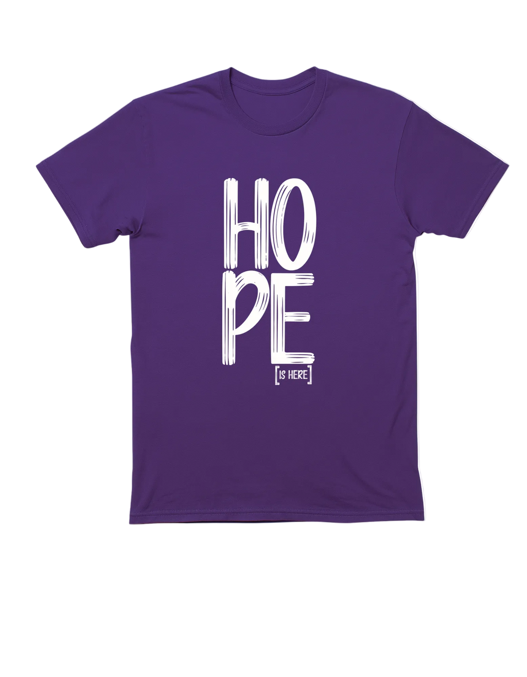 Purple t-shirt with 'HOPE' text on a white background
