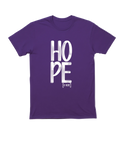 Purple t-shirt with 'HOPE' text on a white background